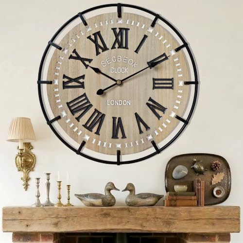 30 Inch Oversized Farmhouse Wall Clock, Metal Rustic Wood with Silent Quartz Movement, Easy Read Roman Numerals, Battery Powered Decorative Wall Clock for Living Room Bedroom Kitchen Office - color: Black (Roman Numerals), size: 30in