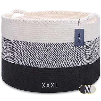 COMSE XXXLarge Woven Blanket & Laundry Basket, 87L, White &Gray &Black | 21.7"x 13.8", Cotton Rope, Nursery Hamper for Storage of Toys, Clothes & Towels, Ideal for Living Rooms, Bedrooms & Bathrooms - color: White & Gray & Black
