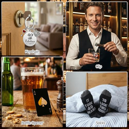 40th Birthday Gifts for Men 40th Birthday Party Supplies | Include 11 Oz Glass Stone Ice Tong Bottle Opener Cap Apron Socks Keychain Greeting Card for Him, Dad, Husband, Friends - style: 40th