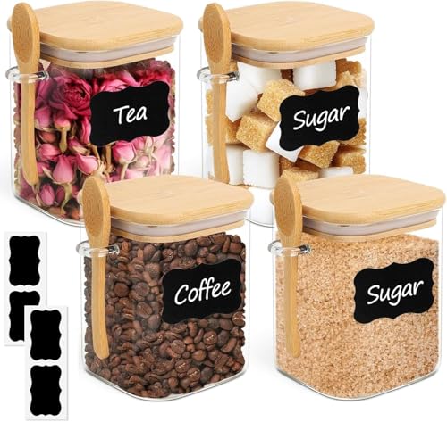 ComSaf Glass Container with Spoon & Lid 0.8 Qt, 4 Pack Glass jar with spoon | Coffee and Sugar Container Set, Coffee Bar, Salt Jar, Bamboo Lid with Silicone Seal, 27oz Canister, Spice,Seasoning, BPA Free - size: 0.8Qt*4