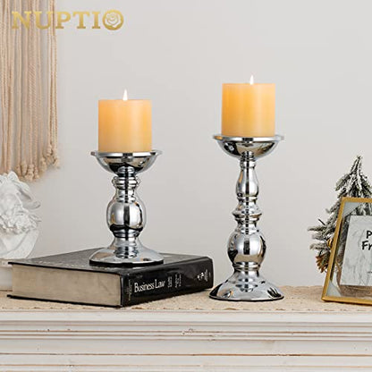 Nuptio Pillar Candle Holders Metal Candle Holder Ideal for 3 inches Candles, Silver Candle Holder for Living Room, Gardens, Spa, Aromatherapy, Incense Cones, Wedding, Party, 2 Pcs | (S + L) Metal Candle Holder for Living Room Gardens Spa Aromatherapy Ince