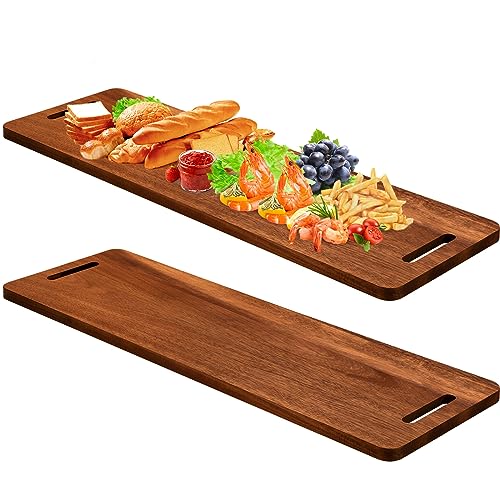 2 Pcs Acacia Wooden Charcuterie Boards Acacia Serving Board with Handle Rectangular Hollow Handle Wood Tray Wooden Serving Platter Wood Server for Cheese Food (36 x 12 Inch ) - size: 36 x 12 Inch