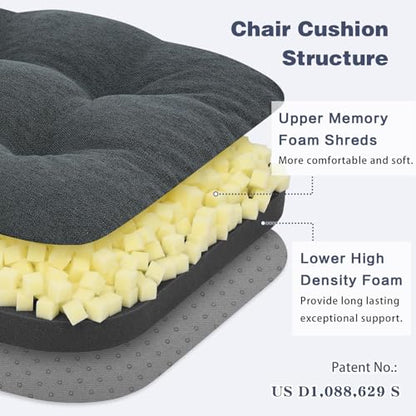 baibu Set of 2 Dining Chair Cushions, Dual-Layer Patent Design Memory Foam Kitchen Chair Cushions, Non-Slip Seat Pads with Ties, 16.5 x 16.5 x 3.5in, 2 Pack, Charcoal Grey - color: Charcoal Grey, size: 2 Count (Pack of 1)