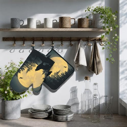 Black Wolf Howling at The Moon Oven Mitt and Pot Holder with Silicone Heat Resistant Kitchen for Cooking BBQ Baking Grilling Cooking Protection - color: Black Wolf Howling at the Moon