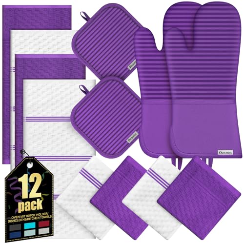 Oven Mitts Kitchen Towels and Dishcloths with Pot Holders Sets, Oven Gloves Hot Pads 500°F Heat Resistant with Silicone Grip, Include 2 Cooking Gloves/2 Potholders/4 Kitchen Towels/4 Dish Towels - color: Purple