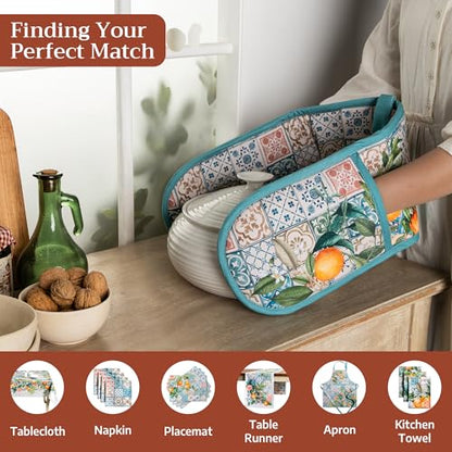 Maison d' Hermine Double Oven Mitts 100% Cotton Double Oven Glove (7"x35") | Heat Resistant BBQ Cooking Gloves with Loop Baking Grilling Kitchen Hotel Home Farmhouse Spring Summer - Agrume - color: 010 - Agrume, size: 7" x 35" (Double Oven Mitt)