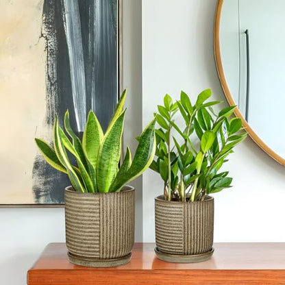 Oairse Ceramic Pots for Indoor Plants, 6.1 +4.9 inch Pots for Plants Set of 2 Brown Plant Pots with Drainage Holes and Saucers Texture Ceramic Planters Indoor Outdoor Flower Pot for Succulent - style: Round Shaped