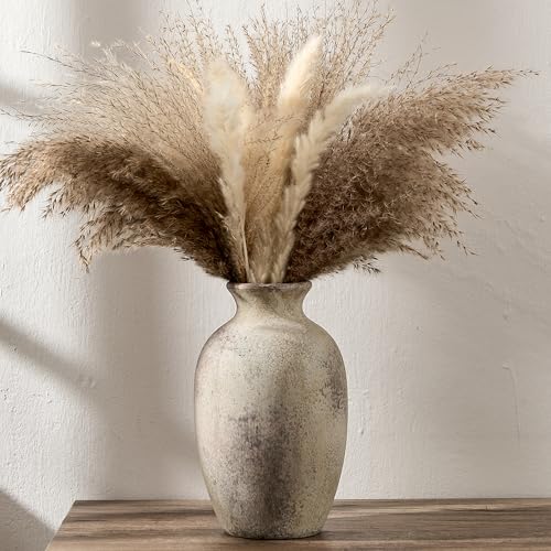 PORCER Ceramic Rustic Flower Vase, 8.27 Inch Vintage Pottery Home Decor, Antique Farmhouse Terracotta Vase for Living Room, Table, Shelf, Mantel Decoration, Farmhouse - Natural Brown - color: Natural Brown- 8.27"