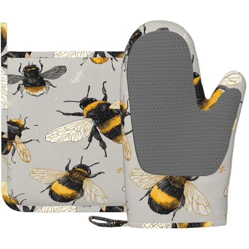 Happy Busy Bees Oven Mitts and Pot Holders Sets Non-Slip Silicone Surface for BBQ Gloves,Kitchen,Cooking,Baking,Grilling - color: Happy Busy Bees