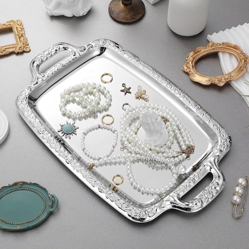 Metal Trays for Food Rectangular Modern with Handles | Silver Tray Food Serving Platter for Candy Bread Cake Charcuterie Dessert Fruit Party Home Kitchen Living Room