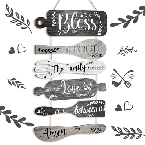 Geetery 6 Pcs Bless The Food Before Us Farmhouse Kitchen Wall Decor Dining Room Collage Decorations Wall Art Rustic Hanging Wooden Roped Sign 13x21 Inches Vertical(Assorted Colors) - color: Assorted Colors, style: Bless