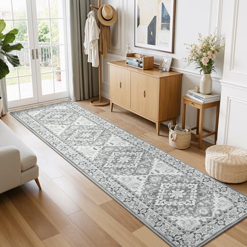 Runner Rug for Hallway 2 x 8, Machine Washable Area Rugs Grey White | Boho Faux Wool Low Pile Rug for Bedroom Kitchen Entryway, Floral Medallion Carpets with Non-Slip Backing, Kid Pet Friendly - color: Grey Beige, size: 2' x 8' (Runner)