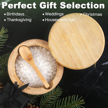 Ninsula Bamboo Salt Cellar, 360° Magnetic Swivel Lid Salt Container with Built-in Spoon for Storing Table Salt, Pepper, Sugar, Sea Salt, Spices, and Herbs