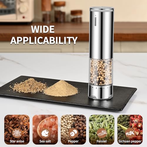Electric Rechargeable Salt and Pepper Grinder Set - Automatic Grinder, External Adjustable Coarseness, LED Light, One-Hand Operation, Stainless Steel & Acrylic, USB Charging, Silver (Set of 2) - size: Silver