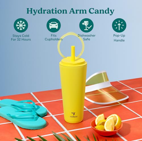 REDUCE Halo 32 oz Stainless Steel Vacuum Insulated Tumbler - Spill Proof Travel Mug with Flip Handle Lid - Keeps Drinks Cold for 32 Hrs - Dishwasher Safe - Cupholder Friendly - Pina Colada - color: Pina Colada, size: 32 Ounces