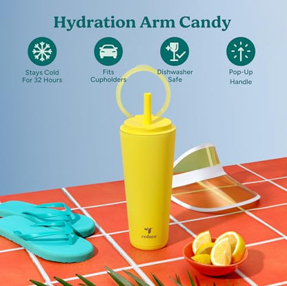 REDUCE Halo 32 oz Stainless Steel Vacuum Insulated Tumbler - Spill Proof Travel Mug with Flip Handle Lid - Keeps Drinks Cold for 32 Hrs - Dishwasher Safe - Cupholder Friendly - Pina Colada - color: Pina Colada, size: 32 Ounces