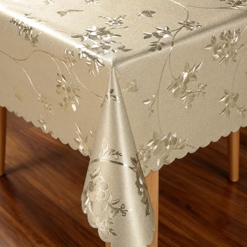Rectangle Vinyl Tablecloth Heavy Duty Waterproof Oil Proof Wipeable Table Cloth Durable Wrinkle Free PVC Table Cover for Dining Party Indoor Outdoor (Gold Butterfly Blossom,54" X 78") - color: Gold Butterfly Blossom