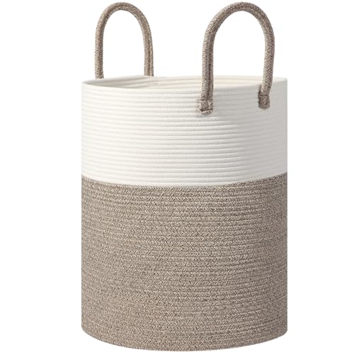 Large 60L Laundry Basket Hamper, Woven Cotton Rope Basket with Handles, Blanket Basket for Living Room, Baby Nursery, Bedroom & Bathroom, 15"D x 20"H Decorative Clothes Hamper, White/Brown - color: White/Brown