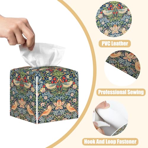 Strawberry Thief Tissue Box Cover Square, William Morris Tissue Box Holder with Bottom Belt Leather Facial Paper Organizer Dispenser for Bathroom Bedroom Dresser Night Stand Tabletop - color: Strawberry Thief