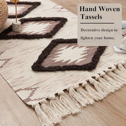 Boho Runner Rug 2'x6', Washable Hallway Rug Runner Non Slip Rubber Backed, Kitchen Farmhouse Area Rug Floor Mat with Tassels, Tufted Woven Cotton Entryway Carpet, Brown - color: Brown, size: 2' x 6' (Runner)