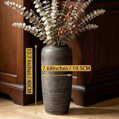 Brown Rustic Ceramic Floor Vase, 15.7 Inch, Ribbed Texture | Living Room, Entryway, Fireplace, Pampas Grass, Dried Branches - size: 15.7 Inch