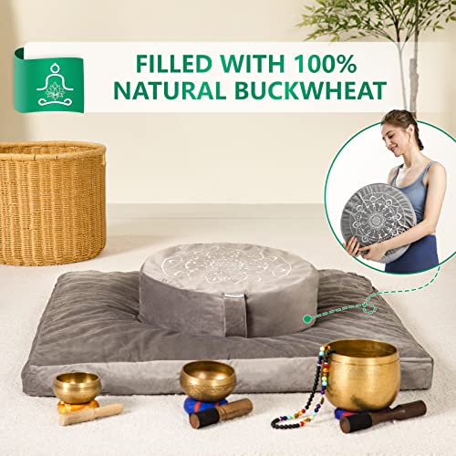 Hihealer Meditation Cushion, Traditional Tibetan Meditation Pillow Velvet Cover - Large Floor Cushion Seating for Adults - Yoga Buckwheat Bolster for Women、Moms - color: Sliver Grey(set)