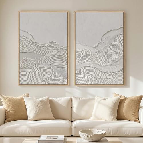 Large Framed White Abstract Wall Art Set of 2 for Living Room, Neutral Minimalist Modern Print Canvas Artwork for Walls, Contemporary Abstract 2D Wall Decor for Bedroom Office Hallway, 24x36 In - color: White