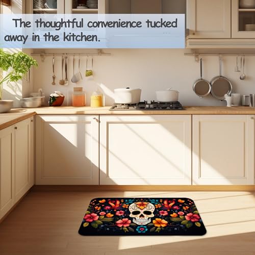 Skull Flowers Bathroom Mat, Non-Slip Rubber Backing Thin Low-Profile Bath Rug, Easy-Clean Bathroom Floor Mat for Shower, Bathtub, Kitchen, or Entryway - color: Skull Flowers