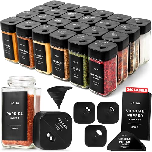 Square Glass Spice Jars with Label and Black Rotating Lids (24 x 4oz) Spice Containers with 240 Labels, Shaker Inserts, Silicone Funnel, Empty Square Empty Square Seasoning Organizer