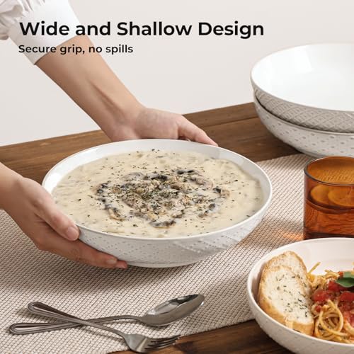 Y YHY Large Pasta Bowls, 45 oz Embossed Salad Bowls for Serving Soup, Noodle, Dessert, Dinner, Kitchen Deep Plates, 9.75" Porcelain Shallow Bowls, Soft White Dishes for House-warming Wedding Present - size: 9.75 IN