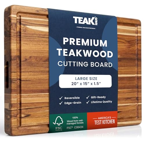 Teakhaus Carving Board with Juice Groove - Large (L) Teak Wood Cutting Board 20”L x 15”W x 1.5” Thick - Sustainably Harvested & FSC Certified - Knife Friendly with Beeswax Oil Finish - color: Cutting Board Only, size: Large (20 inch x 15 inch x 1.5 inch)