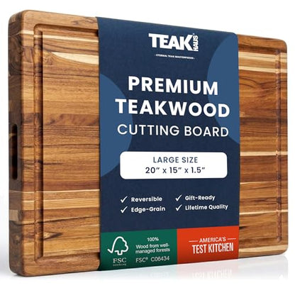 Teakhaus Carving Board with Juice Groove - Large (L) Teak Wood Cutting Board 20”L x 15”W x 1.5” Thick - Sustainably Harvested & FSC Certified - Knife Friendly with Beeswax Oil Finish - color: Cutting Board Only, size: Large (20 inch x 15 inch x 1.5 inch)