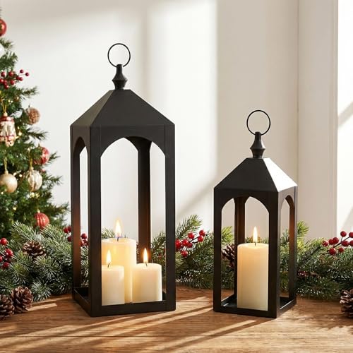 23 Inch Black Metal Outdoor Lantern with Hanging Ring Modern | Farmhouse Candle Lanterns for Porch Patio Fireplace Tabletop Decor No Glass Panel - size: 23Inch