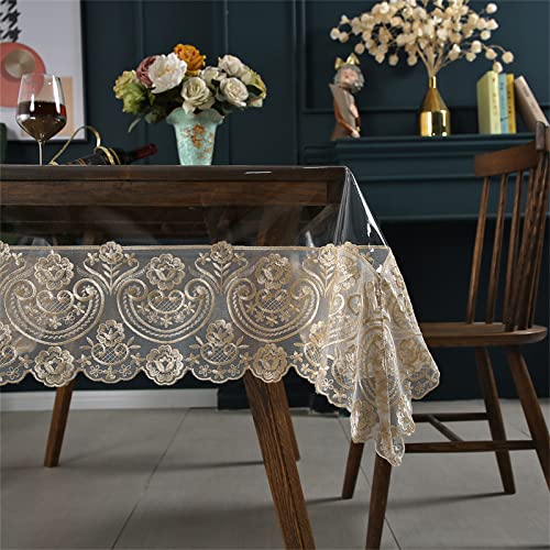 Dimatic Clear Plastic Waterproof Tablecloth, Vinyl PVC Rectangle Table Cloth with Lace Macrame, Oil Spill Proof, Table Cover for Dining Tables, Parties and Holidays (Champagne, 60 x 86 Inch) - color: Champagne, size: 86" x 60" (Rectangular)