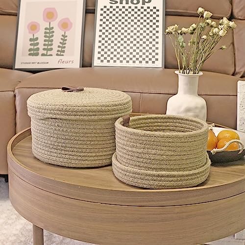 Set of 2 Round Jute Rope Storage Baskets with Lids -Leather Handles- Decorative Woven Organizer Bin for Home, Kitchen, Nursery,Small Basket