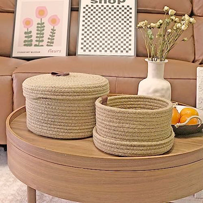 Set of 2 Round Jute Rope Storage Baskets with Lids -Leather Handles- Decorative Woven Organizer Bin for Home, Kitchen, Nursery,Small Basket
