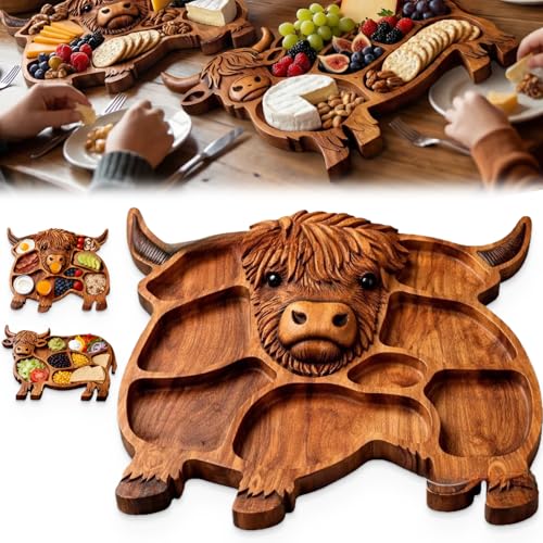 12.5"*11.8" Wooden Highland Cow Charcuterie Board, Divided Serving Tray Board Made from Natural Solid Wood, Rustic Farmhouse Style Wood Decorative Serving Tray, for Meat, Cheese, Crackers (Type-B) - color: Type-b
