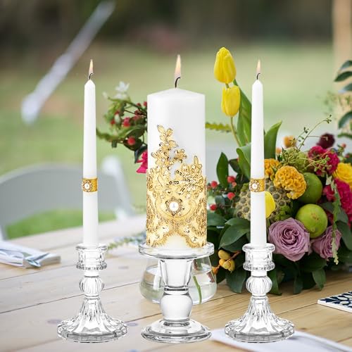 Unity Candle Holder - Glass Candle Holders for Pillar Candles Taper Candles, Glass Candlestick Holders Set of 3, Decorative Clear Glass Candlestick Holder for Wedding Table Dinning Church Centerpiece