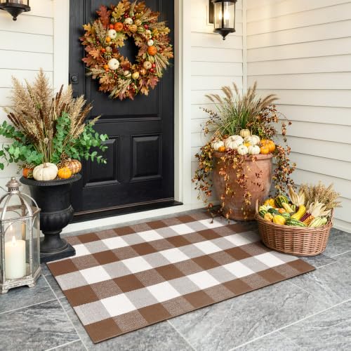Uphome Bufflo Plaid Outdoor Rug 27.5"x43", Fall Decor Checkered Front Door Mat, Indoor Outdoor Farmhouse Cotton Porch Rug for Layered Door Mats, Washable Brown Area Rugs for Patio Entryway - color: Brown, size: 2'3''x3'6''
