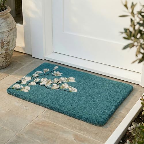 Fab Habitat Floral Extra Thick Doormat - Handwoven, Durable - Natural Coir - Entryway, Front Door, Porch, Patio - Magnolia Branch Teal (18" x 30" Thick) - color: Magnolia Branch, size: Large (18 x 30 inch) - Extra Thick