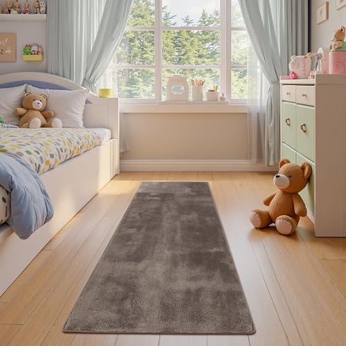 jinchan 2x6 Solid Plush Runner Rug Shaggy Washable Hallway Rug, Brown | Soft, Cozy, Non-Slip, Modern, Faux Wool, Performance Rug, Floor Carpet, Entryway, Bathroom, Kitchen, Laundry Room, Bedroom - color: Solid Brown, size: 2' x 6' (Rectangular)