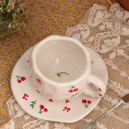 TREEWOO Hand Painted Cherry Ceramic Coffee Cup and Saucer Set, 300ml/10 oz, Korean Style, Hand Pinched Irregular Cappuccino Latte Tea Cup - color: Cherry