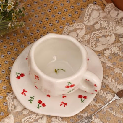 TREEWOO Hand Painted Cherry Ceramic Coffee Cup and Saucer Set, 300ml/10 oz, Korean Style, Hand Pinched Irregular Cappuccino Latte Tea Cup - color: Cherry