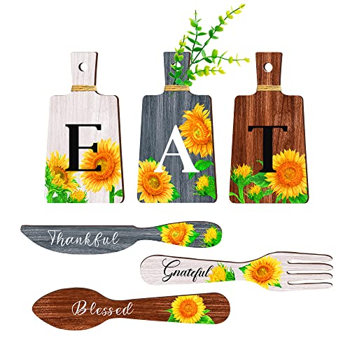 Set of 6 Sunflower Kitchen Decor Eat Sign Fork and Spoons Kitchen Wall Decor Wooden Hanging Plaques Farmhouse Wall Art Home Decor and Accessories(white, gray, brown red) - color: white, gray, brown red
