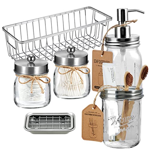 SheeChung Mason Jar Bathroom Accessories Set, Rustic, 6Pcs, Brushed Nickel | Glass Bathroom Accessory Set, Soap Dispenser, Toothbrush Holder, 2 Qtip Holders,Soap Dish,Wire Basket,Western Farmhouse Decor - color: Brushed Nickel