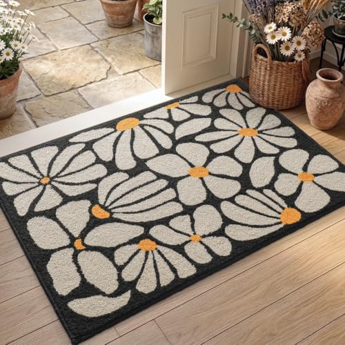 DEXI Front Door Entryway Mat 32x48, Non Slip Entry Doormat, White Floral | Washable Low Profile Inside Entrance Rugs, Hand Hooked Loop Pile Welcome Mats Dirt Trapper for House Floor, Garage, Patio - color: White Floral, size: 32" X 48" (Rectangular)
