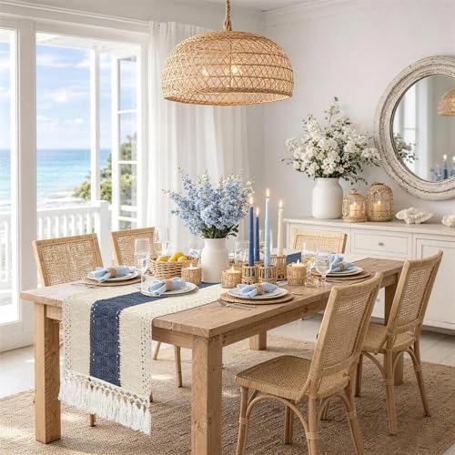 Table Runner 72 Inches Long, Blue and White Table Runner - Farmhouse Coastal Boho Macrame Dresser Runners for Bedroom, Dining & Coffee Table with Tassels - color: Blue, size: 72 inches