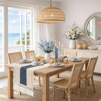 Table Runner 72 Inches Long, Blue and White Table Runner - Farmhouse Coastal Boho Macrame Dresser Runners for Bedroom, Dining & Coffee Table with Tassels - color: Blue, size: 72 inches