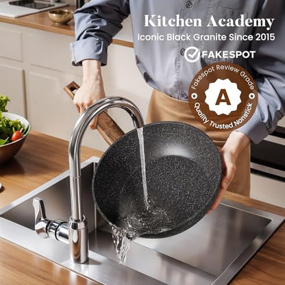 Kitchen Academy Induction Cookware & Bakeware Set, 30pcs Pots and Pans Set | Nonstick Kitchen Cookware Sets, Granite Cooking Pan and Pot Set, All-Stovetop Compatible, PFOS/PFOA-free, Black - color: Black, size: 30 PCS Cookware Set