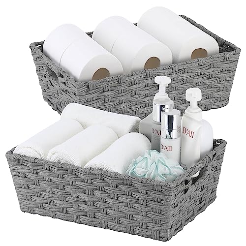 Onlytak Large Wicker Storage Basket, Metal Frame, Set of 2, Washable Waterproof, 15" x 10.3" x 5.2", Grey Color, Woven Basket for Pantry, Toilet, Bathroom, Bedroom, Patio - color: Grey, size: 15" x 10.3" x 5.2"